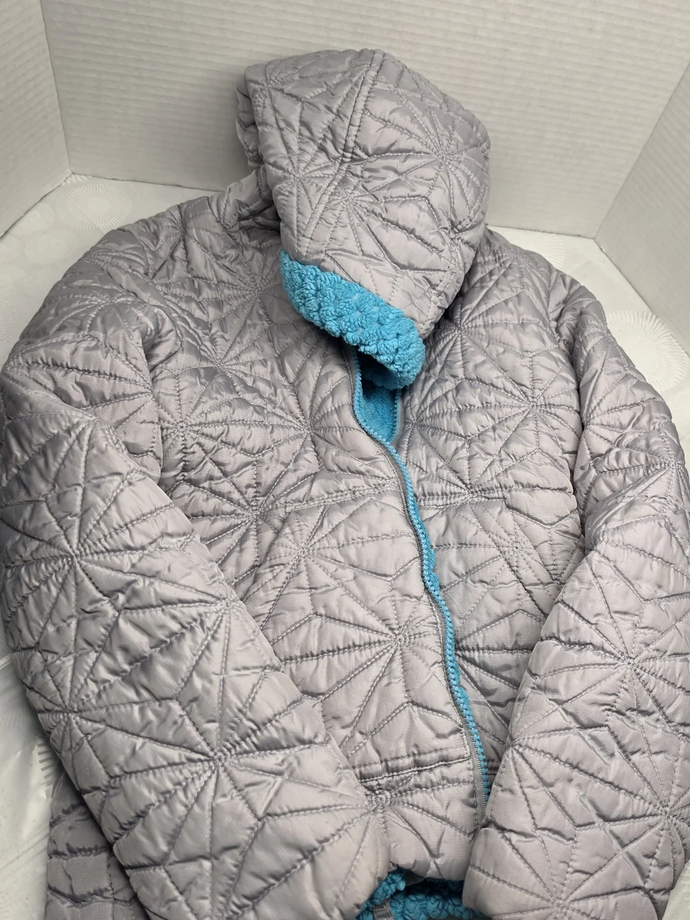 Pacific Trail Girls Light Gray Quilted Puffer with Bright Blue Sherpa Hood